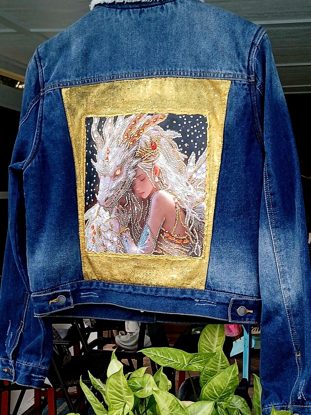 Women's Blue Denim Jacket with Gold Panel and Embroidered Dragon Art